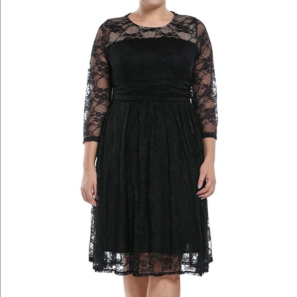 Stretchy Black Lace Dress with Illusion neckline - Picture 1 of 4